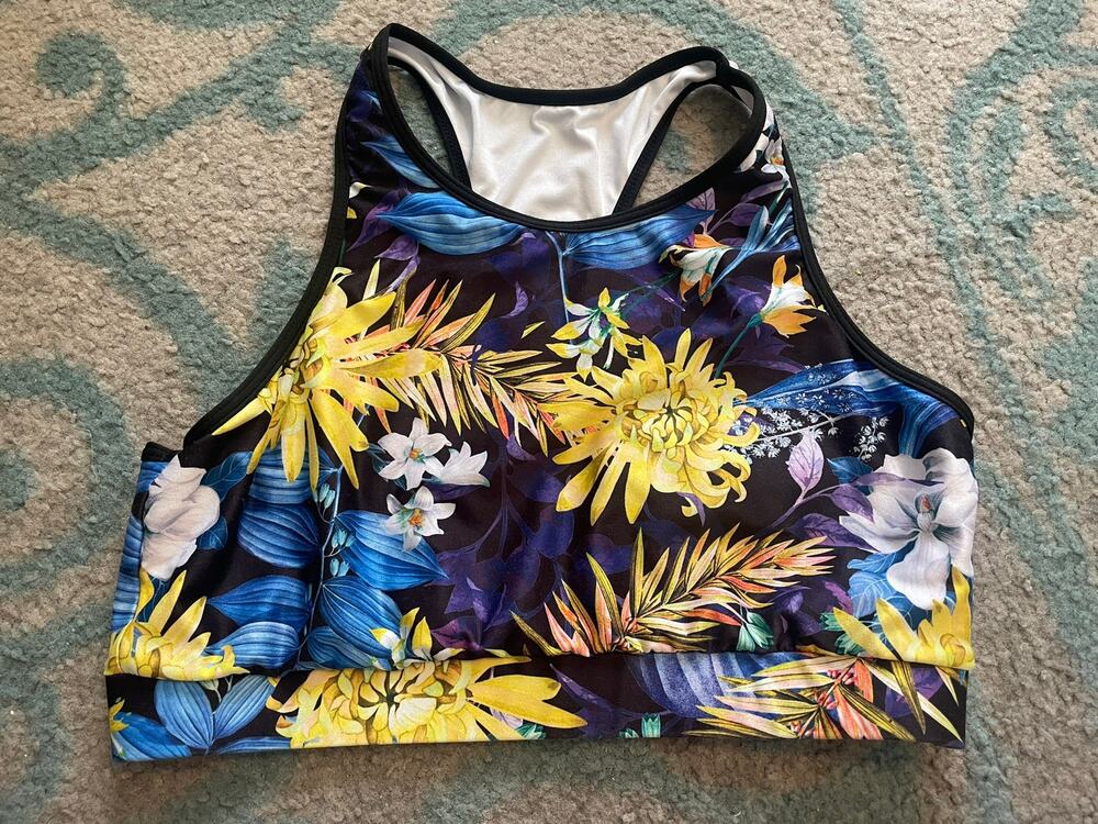 Shein Sports Bra Athletic Workout Yoga Pilates Blue Purple Floral Women's L